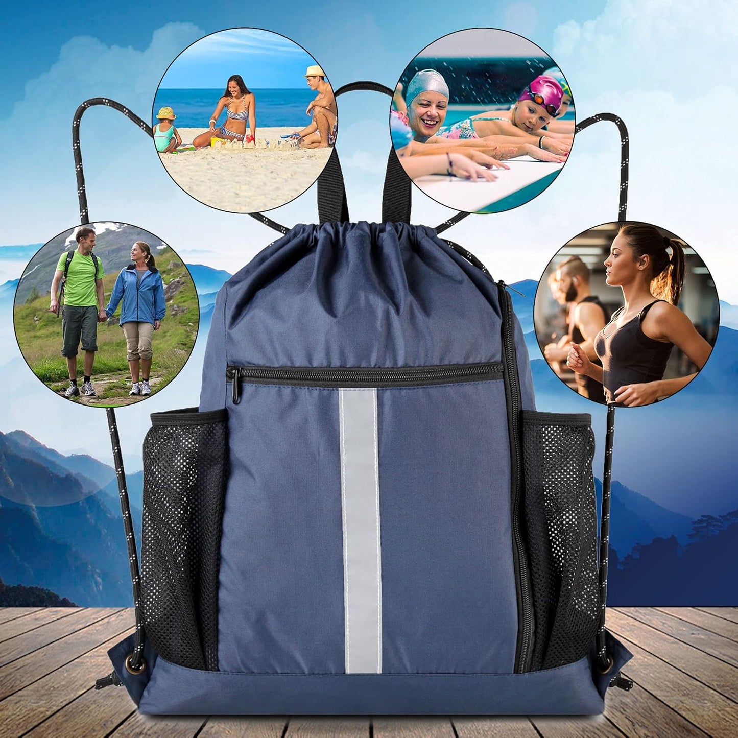 Gym-Drawstring-Backpack-Bag with Shoe Compartment and Two Water Bottle Holder Large String Backpack Sports Bag Athletic Sackpack for Men Women