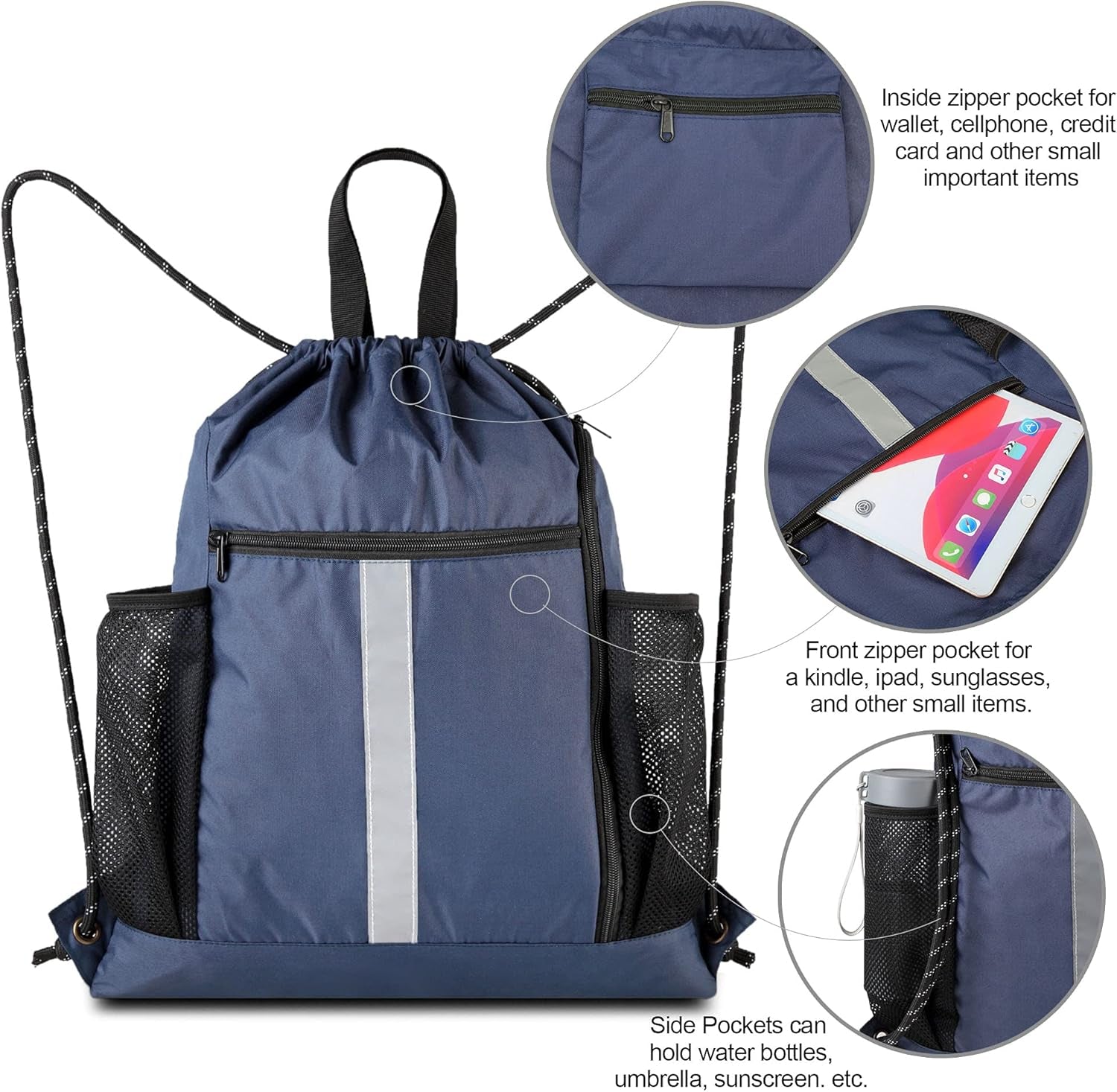 Gym-Drawstring-Backpack-Bag with Shoe Compartment and Two Water Bottle Holder Large String Backpack Sports Bag Athletic Sackpack for Men Women