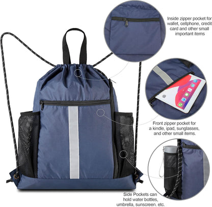 Gym-Drawstring-Backpack-Bag with Shoe Compartment and Two Water Bottle Holder Large String Backpack Sports Bag Athletic Sackpack for Men Women