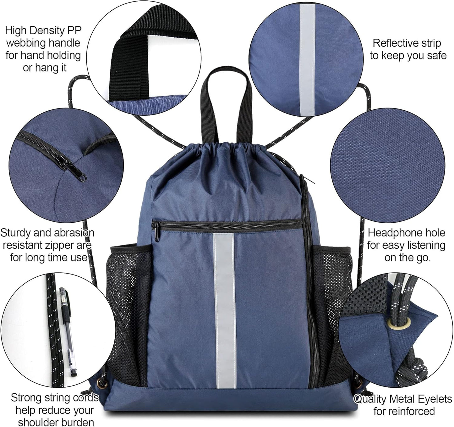 Gym-Drawstring-Backpack-Bag with Shoe Compartment and Two Water Bottle Holder Large String Backpack Sports Bag Athletic Sackpack for Men Women