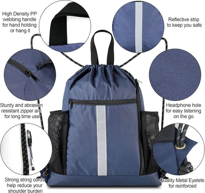 Gym-Drawstring-Backpack-Bag with Shoe Compartment and Two Water Bottle Holder Large String Backpack Sports Bag Athletic Sackpack for Men Women