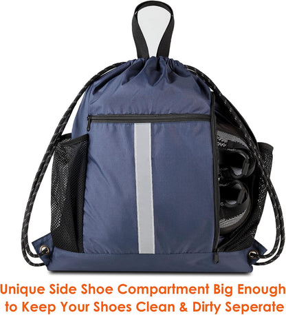 Gym-Drawstring-Backpack-Bag with Shoe Compartment and Two Water Bottle Holder Large String Backpack Sports Bag Athletic Sackpack for Men Women